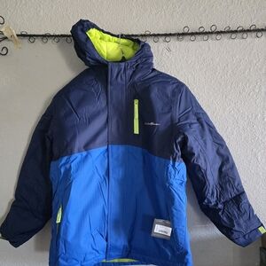 Eddie Bauer 3-in 1 Water ProoKids Blue and Navy Puffer Jacket with Neon Accents